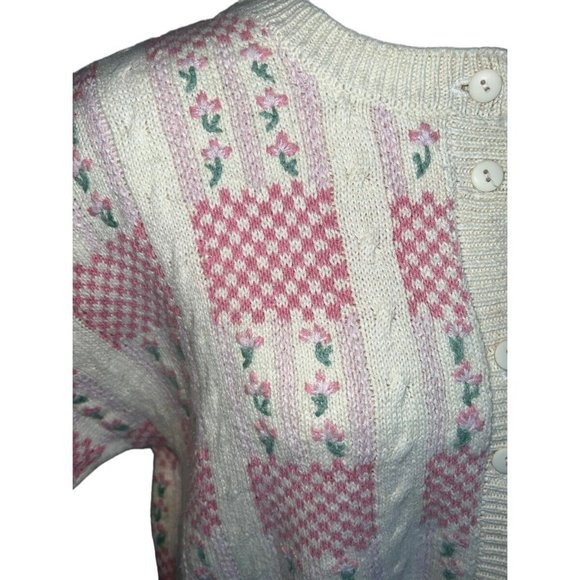 Vtg 80s/90s White Northern Isles II Pink Floral Button Front Cardigan Size L - Picture 2 of 5